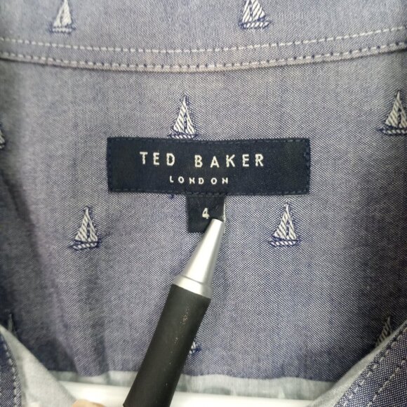 Ted Baker London Men's Mini Boat Embroidered Shirt Size 4 Navy Blue Short Sleeve - Picture 3 of 9